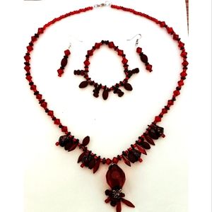 Fashion Jewelry Necklace Earrings Bracelet Set Arcrylic Beaded Red Single Strand